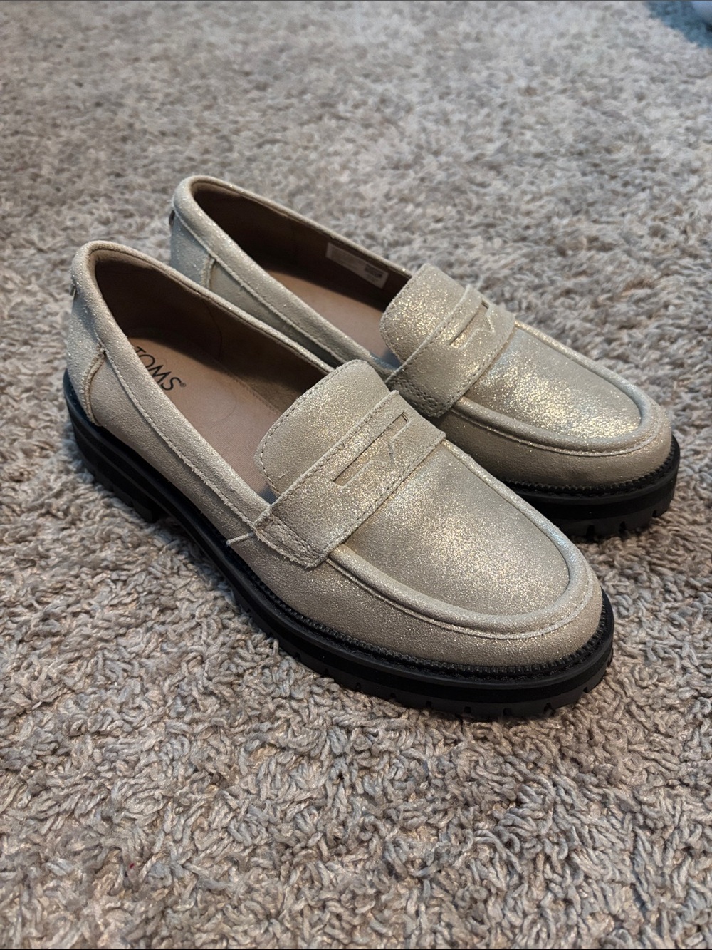 Toms Glitter Cream Penny Loafers with Black Lug Sole